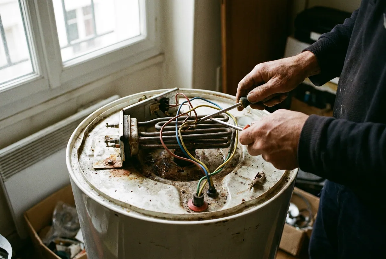 Cumulus électrique ouvert pour dépannage dans un appartement de Belleville, Paris 20ème